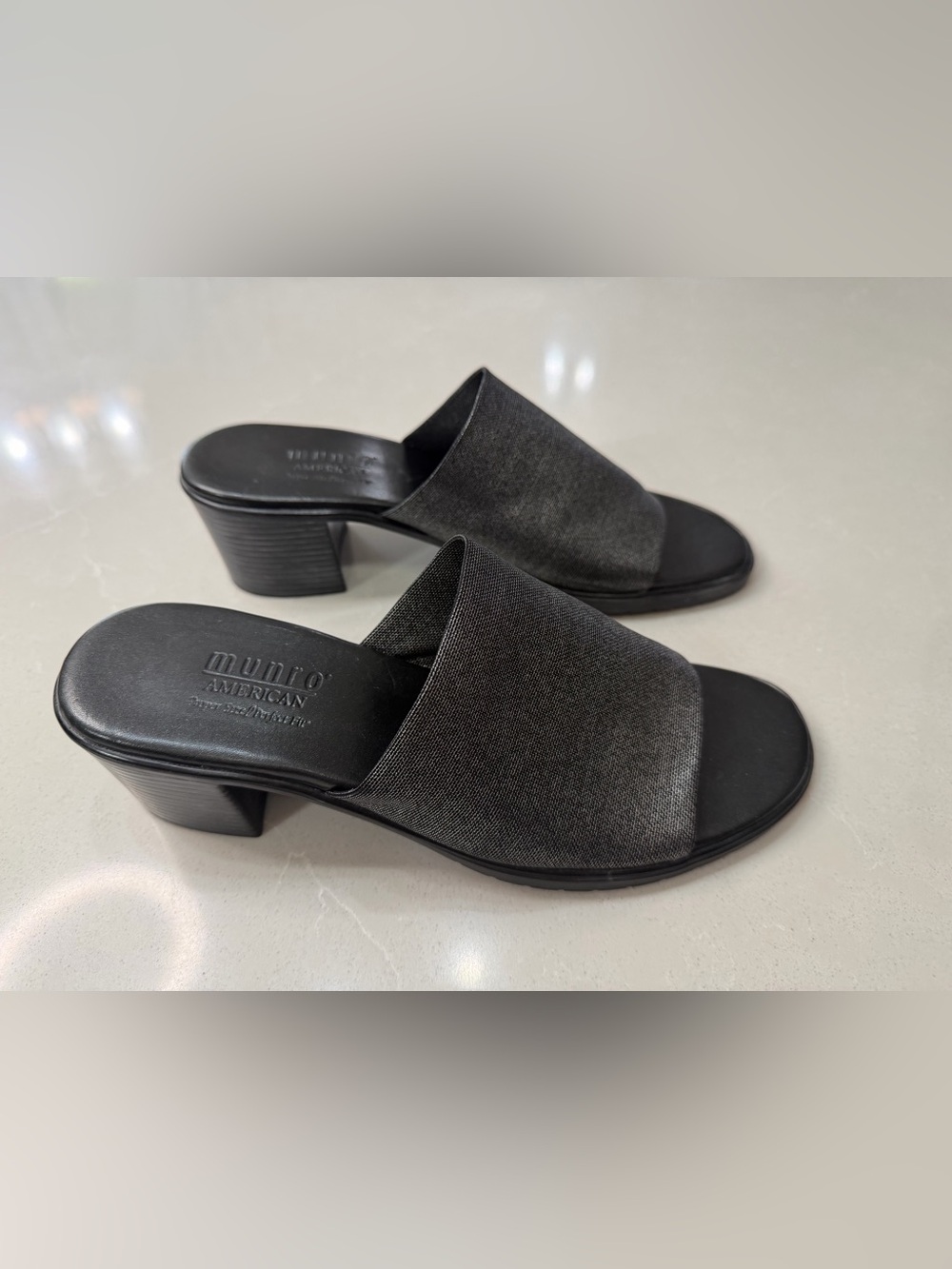 Munro Metalic Black Slide Mule Heels, 8
